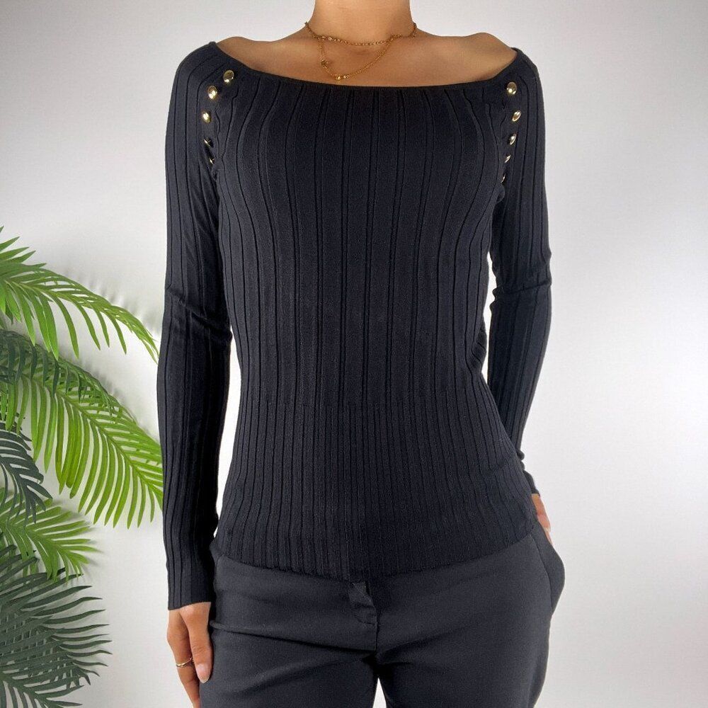 Vintage Y2K Caché Black Preppy Grunge Off The Shoulder Fitted Blouse / Small